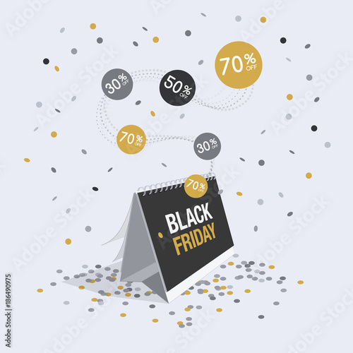 Special offer black friday discount symbol with calendar and flying confetti isolated on light background. Easy to use for your design with transparent shadows.