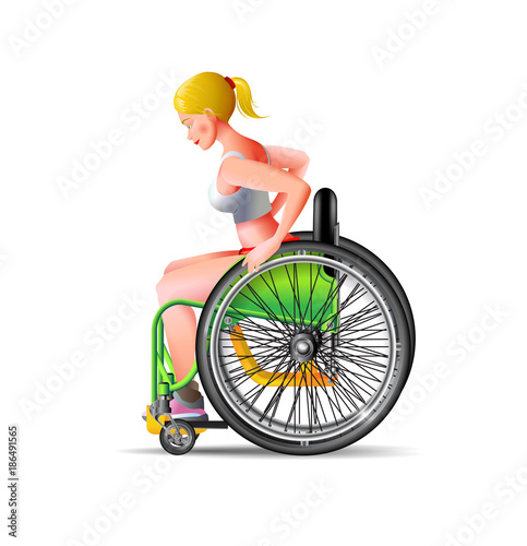 Girl with disability on invalid wheel isolated. Vector illustration.