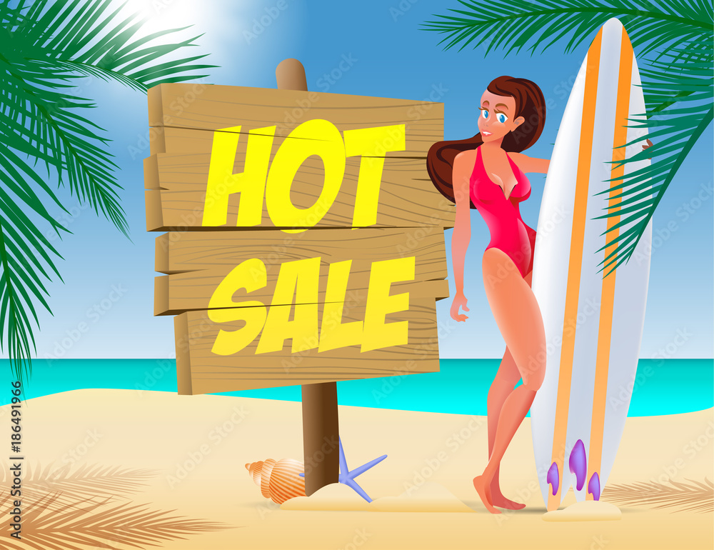 Summer time poster with swimsuit girl and surfboard. Vector illustration.