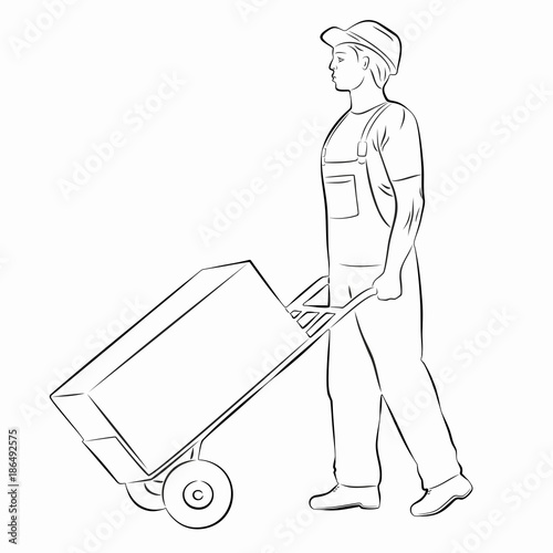 illustration of a worker with a cart , vector draw