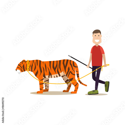 Wild animal tamer male with his tiger vector flat illustration