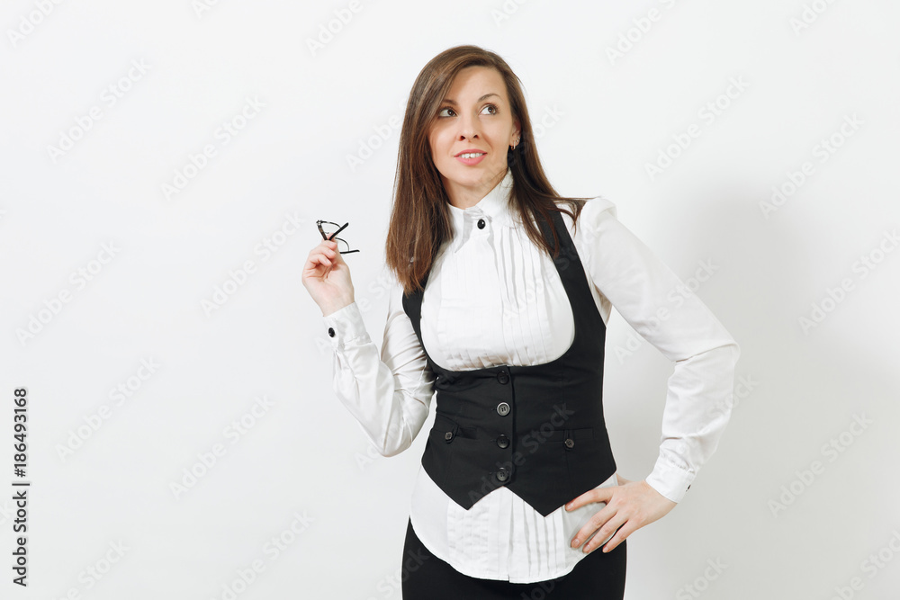 Beautiful happy caucasian young smiling brown-hair business woman in black suit, white shirt and glasses looking aside isolated on white background. Manager or worker. Copy space for advertisement. Beautiful happy caucasian young smiling brown-hair business woman in black suit, white shirt and glasses looking aside isolated on white background. Manager or worker. Copy space for advertisement.