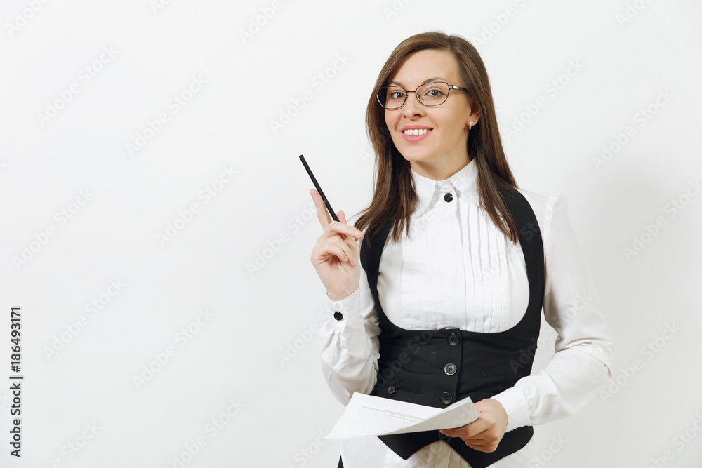Beautiful smiling caucasian young brown-hair business woman in black suit, white shirt, glasses with work paper documents isolated on white background. Manager or worker. Copy space for advertisement. Beautiful smiling caucasian young brown-hair business woman in black suit, white shirt, glasses with work paper documents isolated on white background. Manager or worker. Copy space for advertisement.