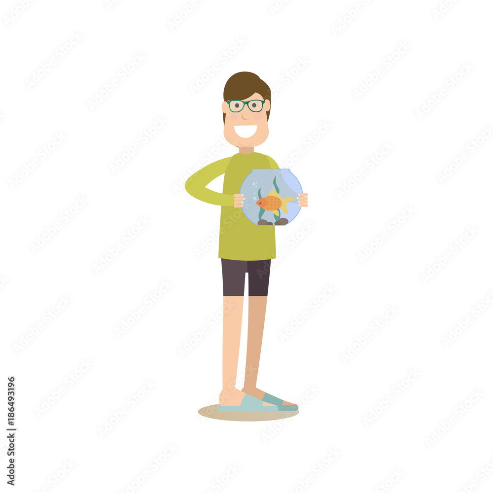 Pet owner male holding aquarium with goldfish vector flat illustration Pet owner male holding aquarium with goldfish vector flat illustration