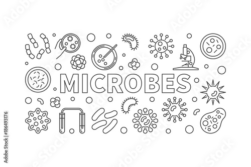 Microbes horizontal line illustration. Vector banner made with m