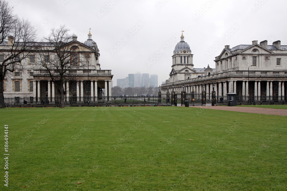 old royal naval college with skyline of canary wharf