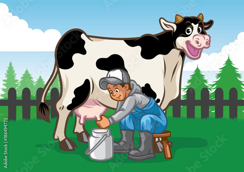 Happy cow illustration while the farmer milking