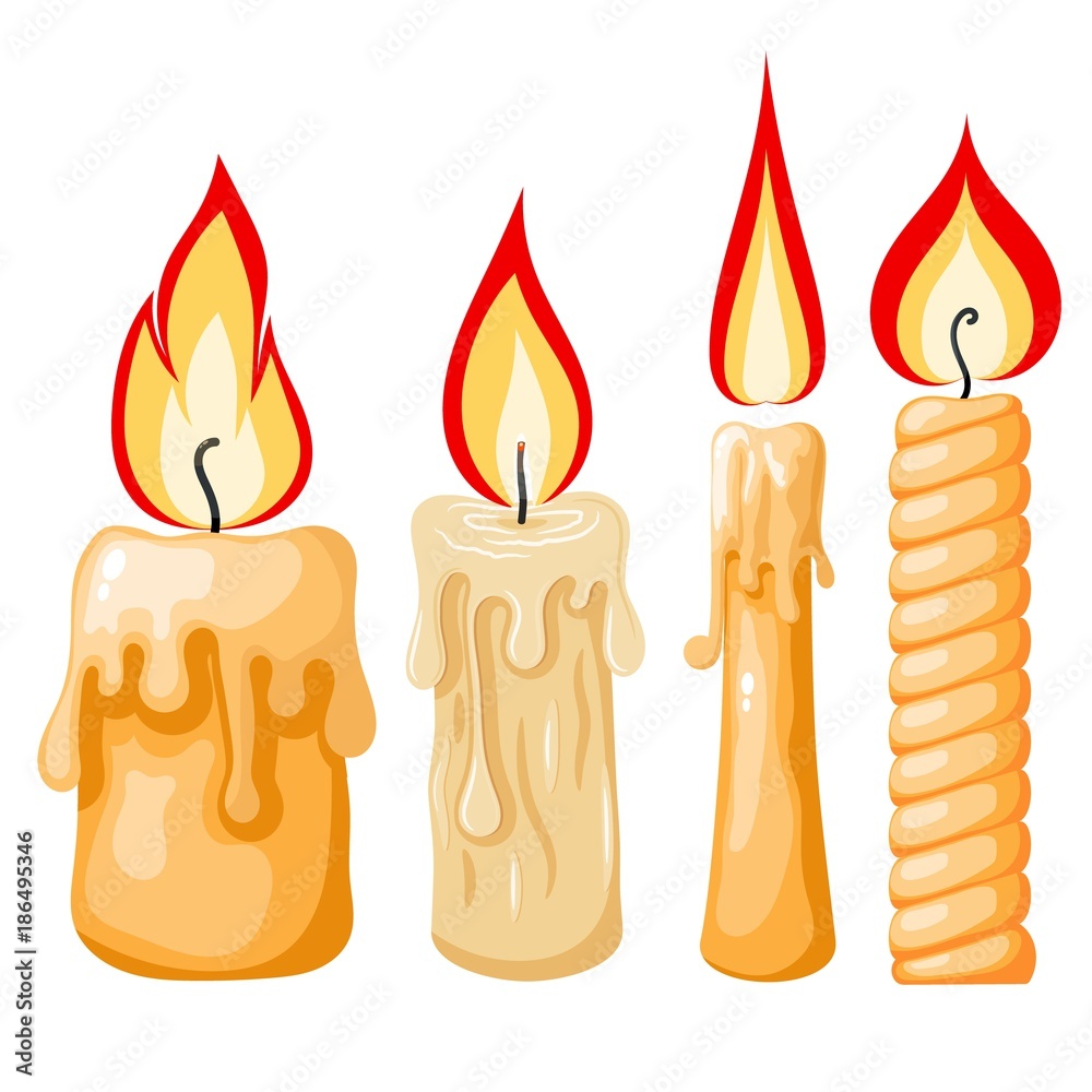 Cartoon of a candle on a white background. Set of yellow candles with flames in Cartoon style. Vector illustration