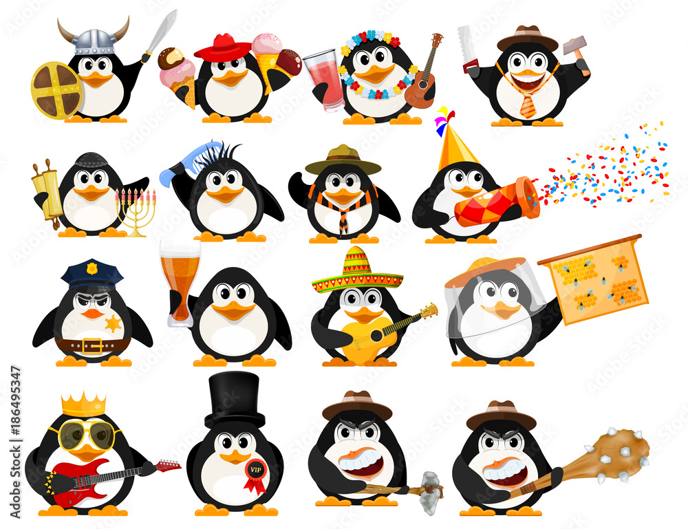 Set of cute little penguins on a white background. Young penguins of different professions with objects. Vector illustration Set of cute little penguins on a white background. Young penguins of different professions with objects. Vector illustration