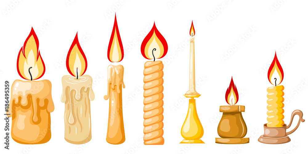 Cartoon of a candle on a white background. Set of yellow candles with flames in Cartoon style. Vector illustration