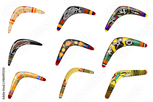 Set of native boomerangs. Primitive weapon boomerang on a white background. Vector illustration photo