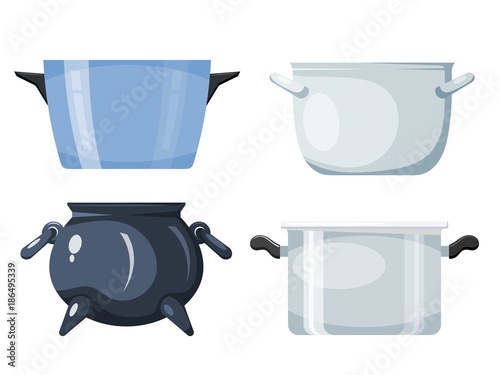 Set of kitchen pans in the style of a card. Vector illustration of kitchen accessories. Kitchen casserole on a white background