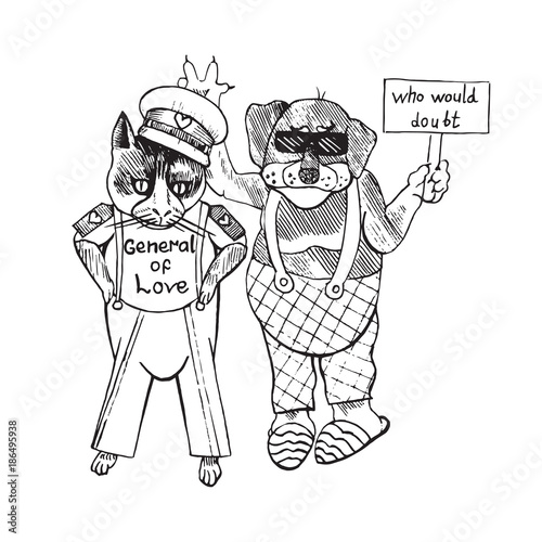 Cartoon Character Of Funky Cat In Soviet Military Form With Inscription General Of Love And Dog Clothed In Overalls And Slippers In Sunglasses Showing Peace And Holding Banner Who Would Doubt Stock