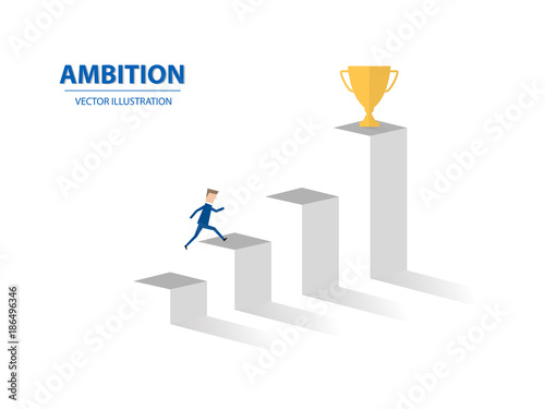Businessman jumps on graph columns with his high ambition. A concept of success, achievement, motivation. Vector illustration.