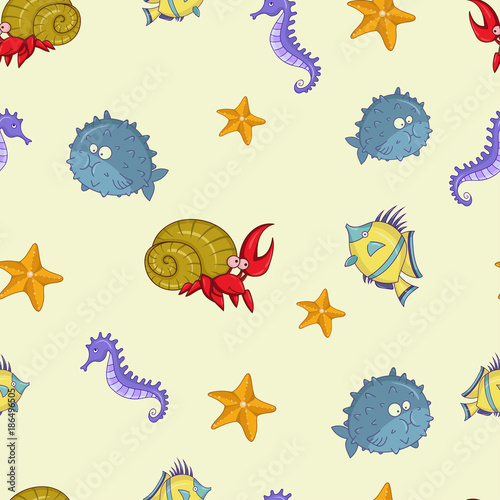 Seamless vector pattern with marine inhabitants: crab, fish, starfish, seahorse.