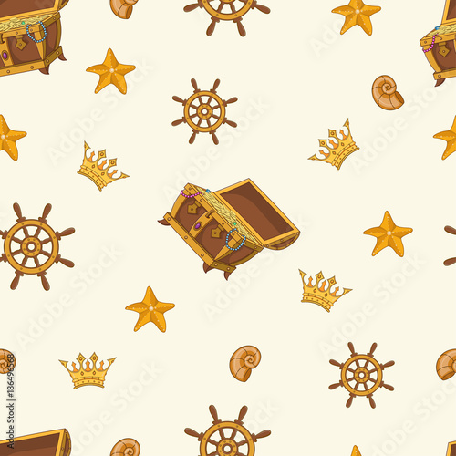 Underwater pattern with chest, crown, handwheel, sea star.