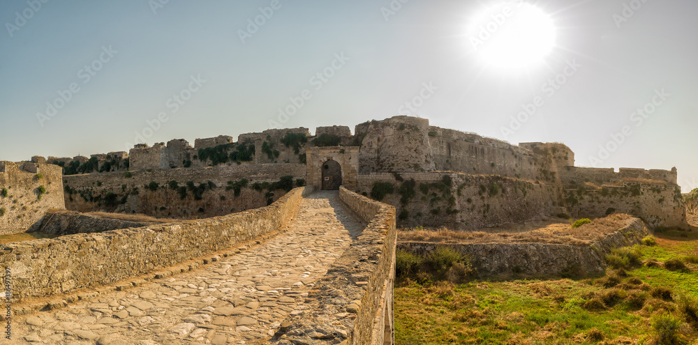 Panorama of the castle of Methoni against the sun.