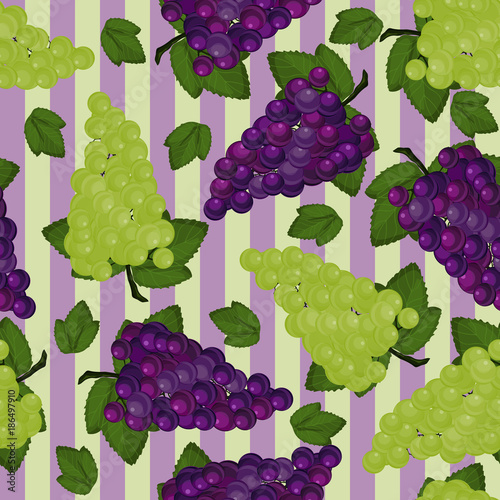 Seamless pattern of bunches of grapes on delicate striped background