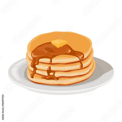 Pancakes with butter and caramel syrup on the plate