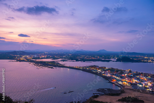 Sunset at Jeju Do Seongsan Ilchulbong , Jeju Island at Night, South Korea.