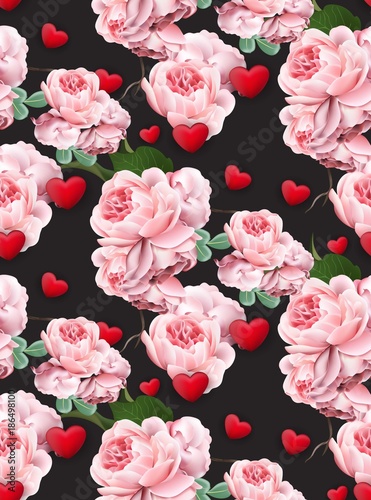 Valentines day pattern Roses and hearts Vector realistic illustration black b...