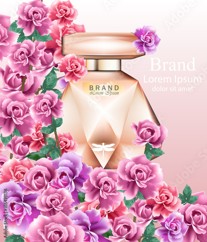 Perfume bottle delicate roses fragrance. Realistic Vector Product packaging d...