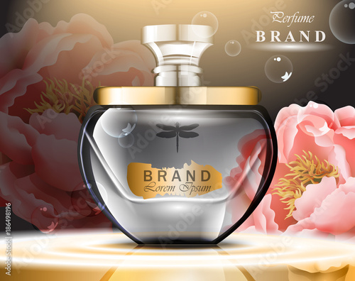 Perfume bottle delicate roses fragrance. Realistic Vector Product gold packag...