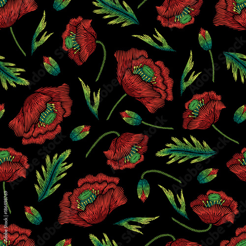 Embroidery seamless floral pattern with poppy