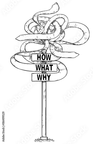 Drawing of Confused Traffic Road Sign with Texts How, What, Why.