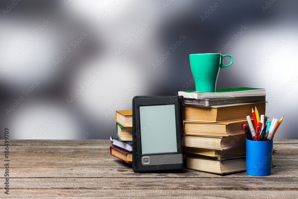 Stack of books and stationery. Education concept Stack of books and stationery. Education concept