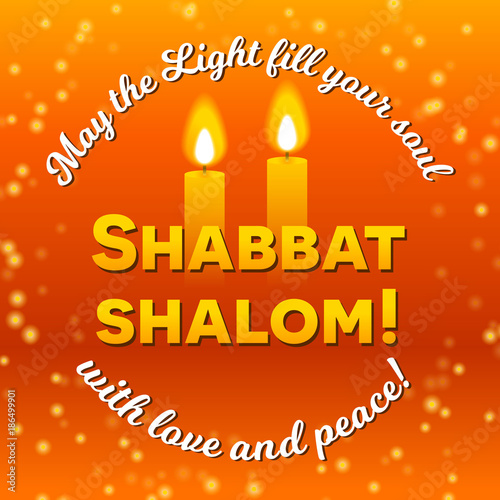 Shabbat shalom lettering, greeting card, vector illustration. Two burning shabbat candles and bokeh starry night sky background. Jewish religious Sabbath congratulations in Hebrew.
