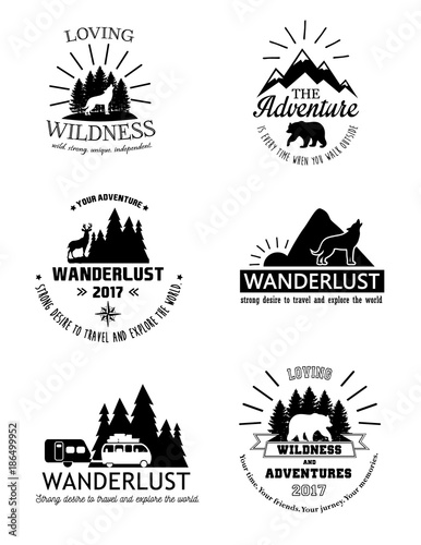 Black and white wanderlust icons. Adventures labels designs. Vector illustration.