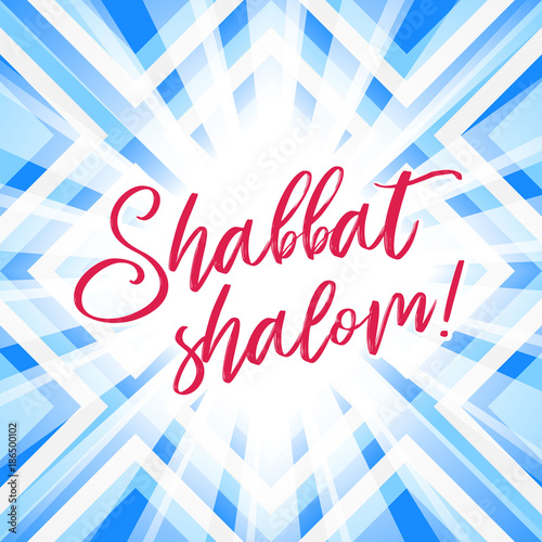 Colorful Shabbat shalom greeting card, vector illustration. Jewish religious Sabbath congratulations in Hebrew. Abstract geometric mosaic pattern background. Abstract blue background.