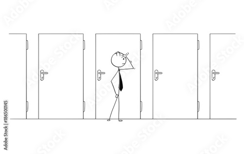 Cartoon of Business Man Choosing from Many Door