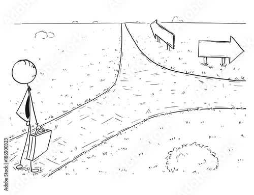 Conceptual Cartoon of Business Man on Crossroad Making Choice