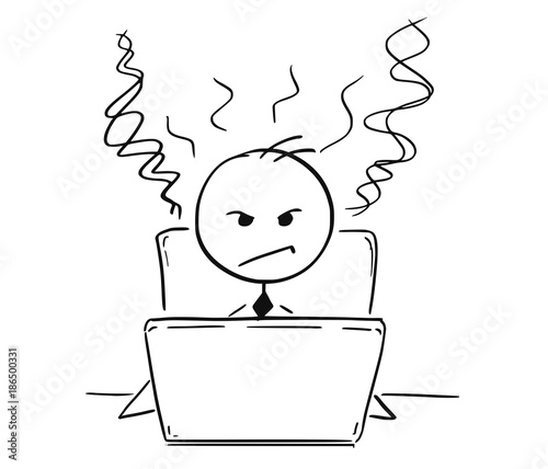 Conceptual Cartoon of Tired Angry Business Man Working on Computer