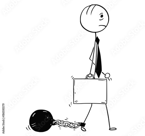 Conceptual Cartoon of Businessman with Chain and Iron Ball Attached to Leg