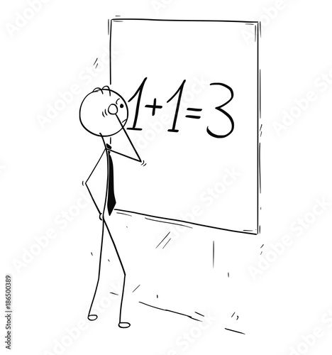 Cartoon of Businessman Calculating Synergy on Wall Board