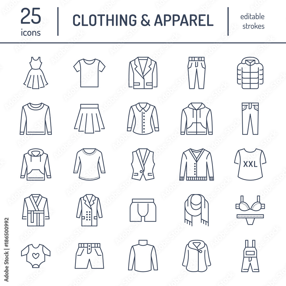 Clothing, fasion flat line icons. Mens, womens apparel - dress, suit jacket, jeans, underwear, sweatshirt, fur coat. Thin linear signs for clothes and accessories store.