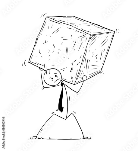 Conceptual Cartoon of Businessman Carrying Big Block of Rock or Stone