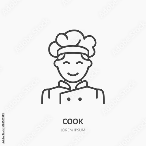 Cook flat logo, line icon. Smiling chef vector illustration. Sign of male cooker.