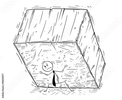 Conceptual Cartoon of Businessman Supporting Big Block of Rock or Stone