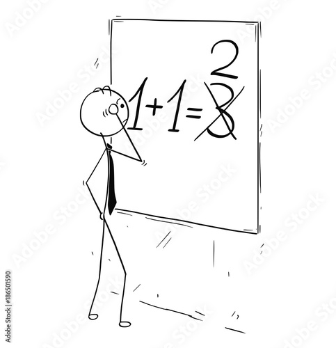 Cartoon of Businessman Calculating Mistake on Wall Board