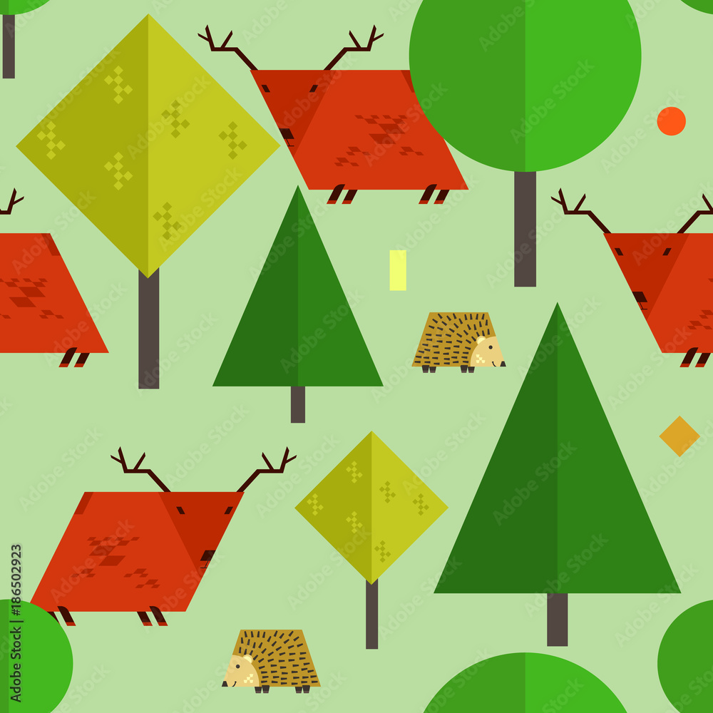 Kids forest seamless pattern with cute geometrical deers and hedgehogs.  Animals and trees made of geometric shapes. Nice flat wild animals texture  for textile, wrapping paper, backgound, surface Stock Vector | Adobe