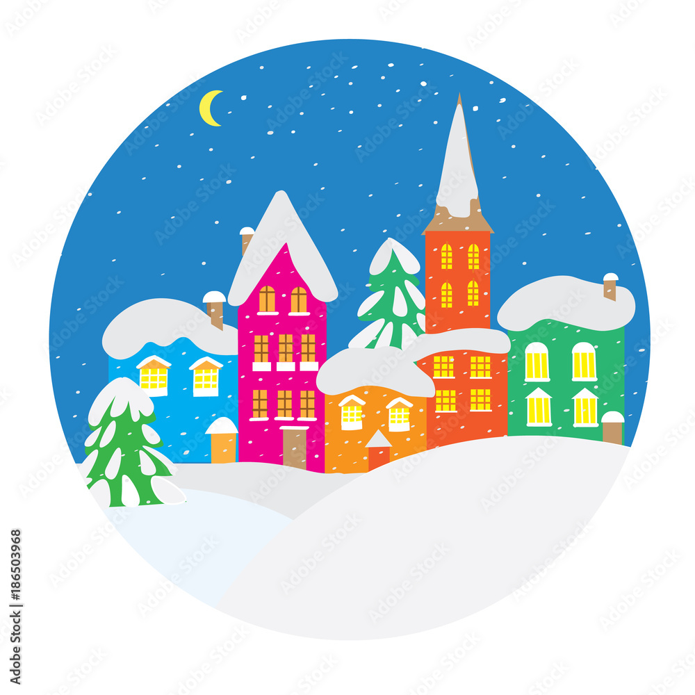 Winter landscape with small houses in a circle. A flat vector icon for the designer's work. Icon with winter contour houses.