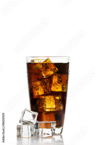 Glass of cola with ice cubes on white background