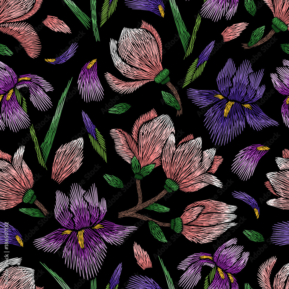 Naklejka premium Embroidery seamless floral pattern with iris and magnolia