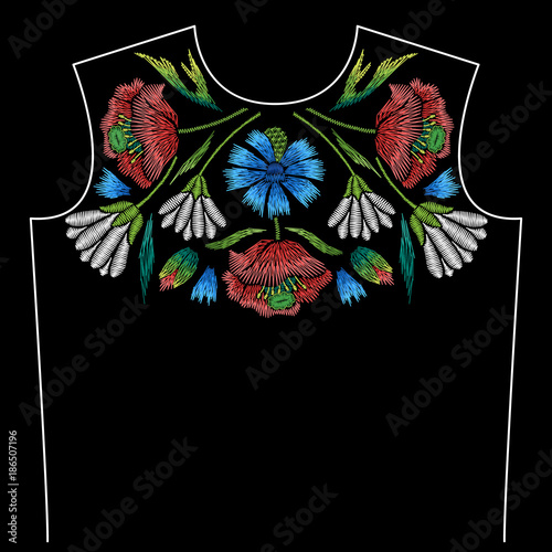 Embroidery neck line pattern with poppy, cornflower, chamomile