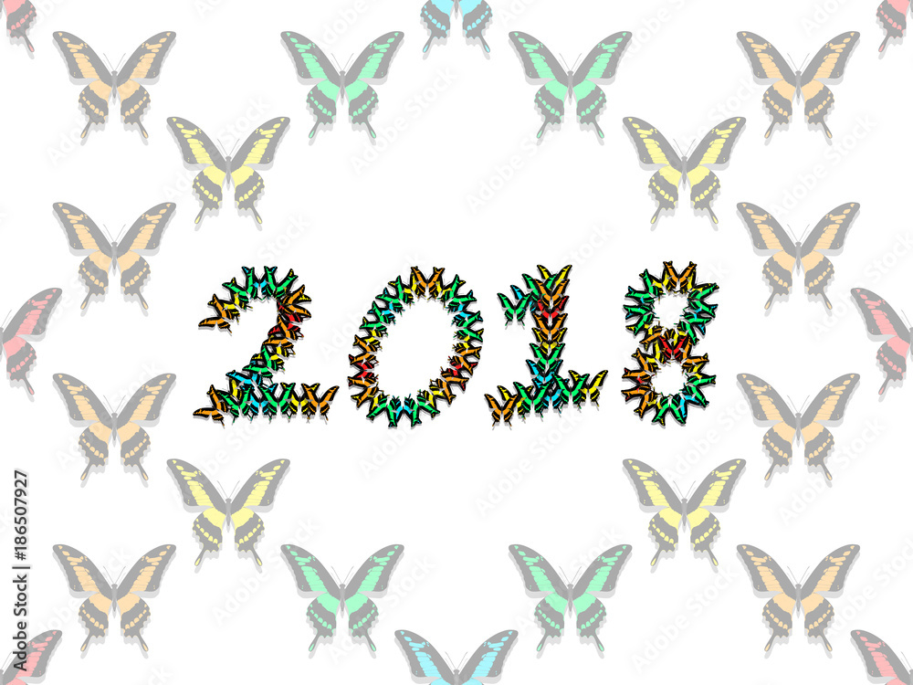 Obraz premium inscription 2018 consisting of multicolored butterflies, seamless pattern
