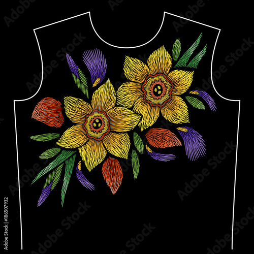 Fototapeta Naklejka Na Ścianę i Meble -  Embroidery neck line pattern with narcissus and iris